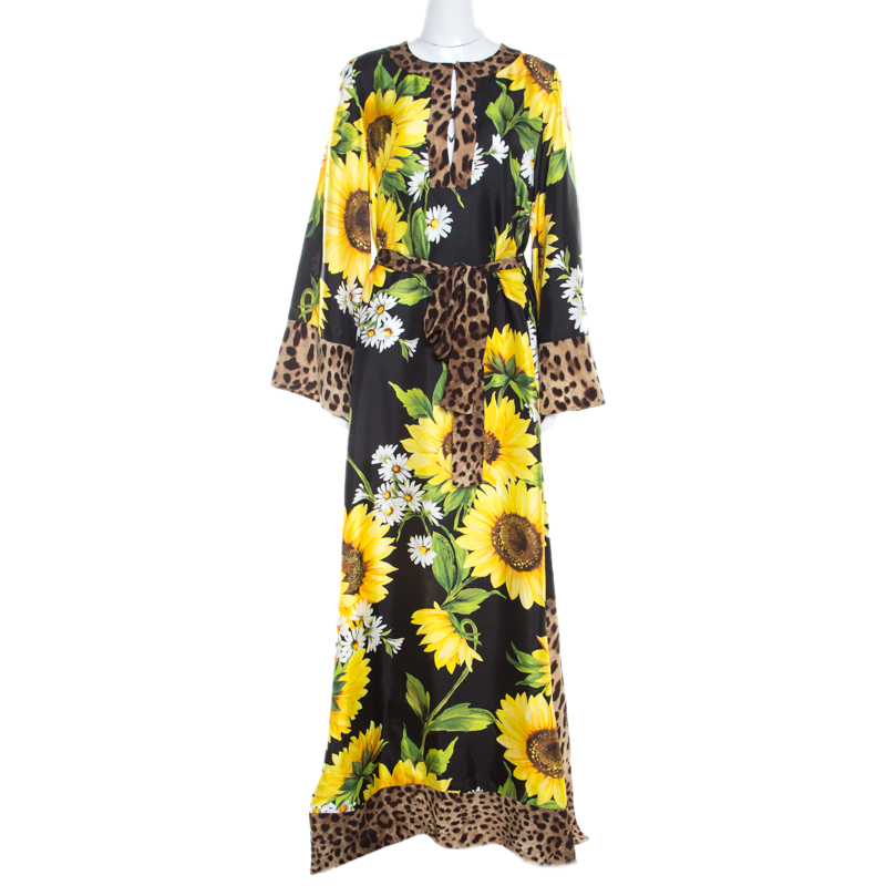 Dolce and Gabbana Sunflower and Leopard Printed Silk Kaftan Maxi Dress S