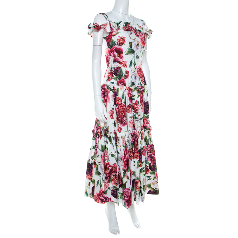 

Dolce & Gabbana Multicolor Peony Print Cotton Poplin Cold Shoulder Midi Dress