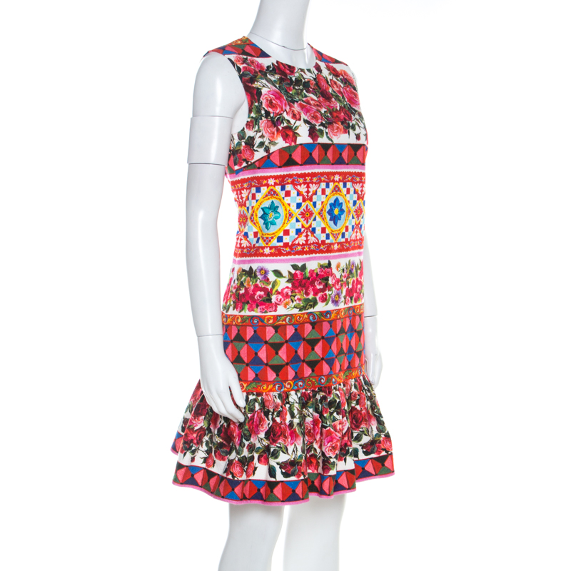 

Dolce and Gabbana Multicolor Print Textured Cotton Mambo Flounce Dress