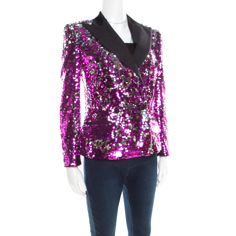 

Dolce & Gabbana Fuscia Pink Sequin Paillette Embellished Velvet Trim Blazer