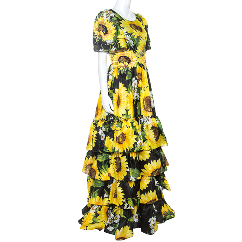 

Dolce & Gabbana Sartoria Black Sunflower Printed Silk Embellished Dress