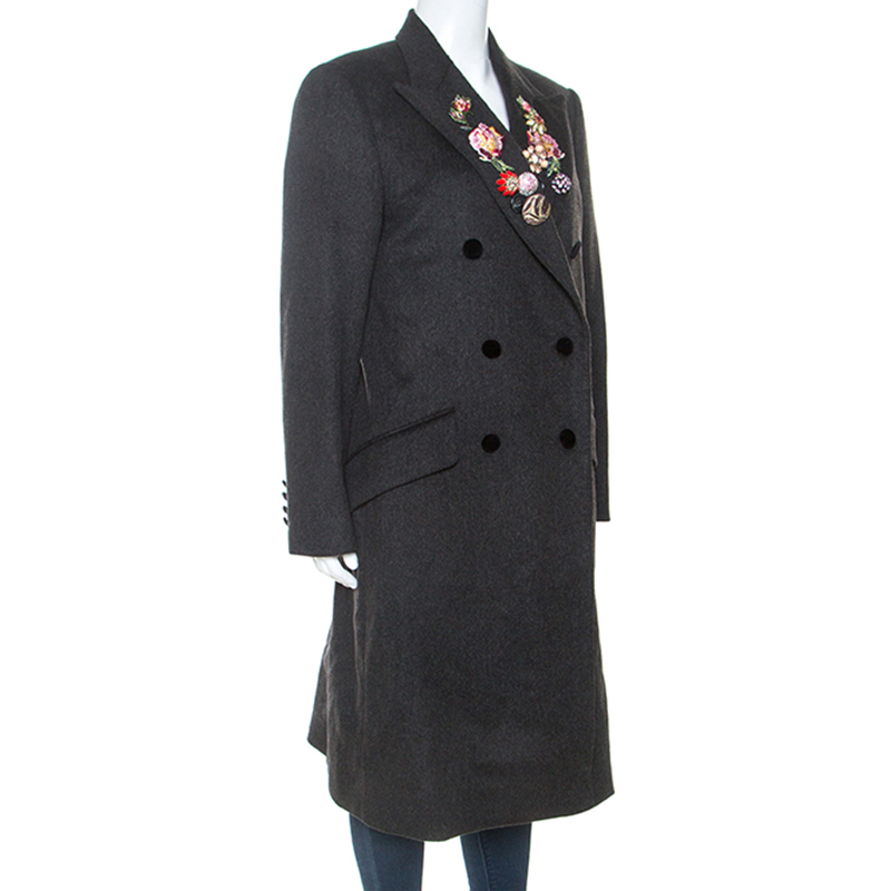 

Dolce & Gabbana Dark Grey Wool Crystal Embellished Long Coat