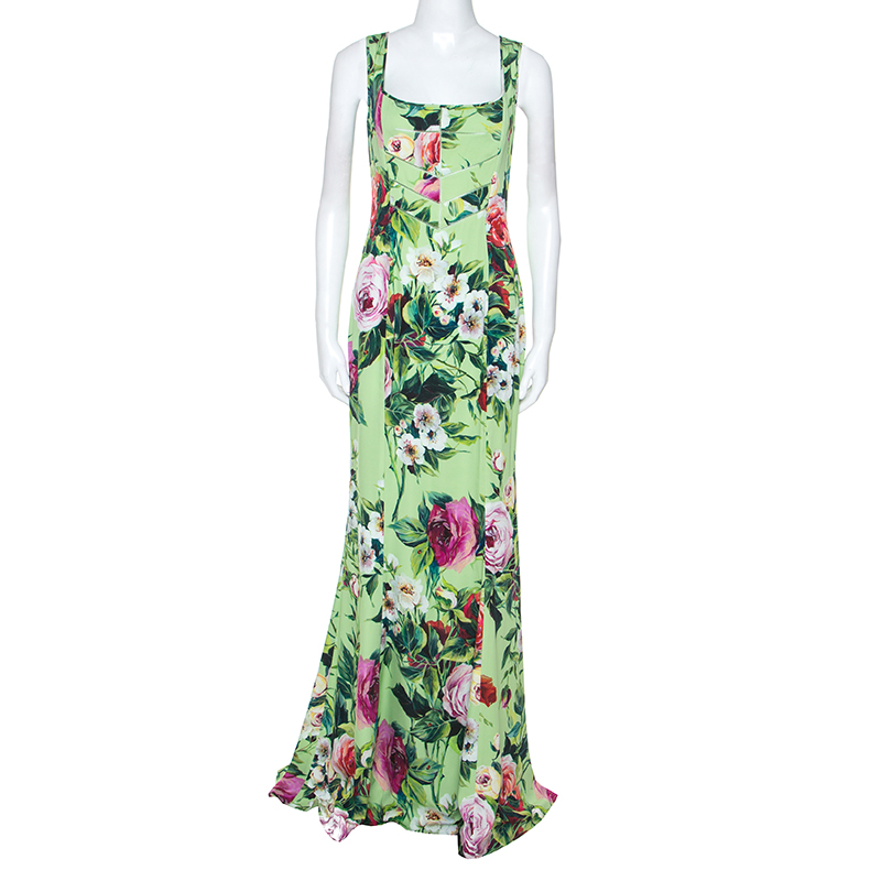 Dolce and Gabbana Green Floral Print Sleeveless Maxi Dress M
