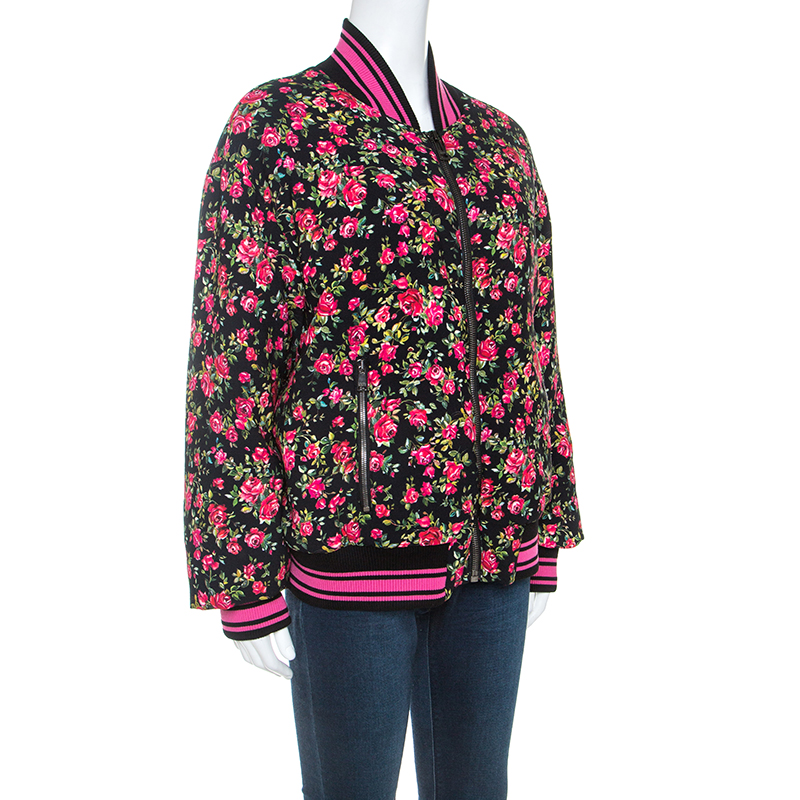

Dolce & Gabbana Pink Crepe Floral Print Oversized Bomber Jacket