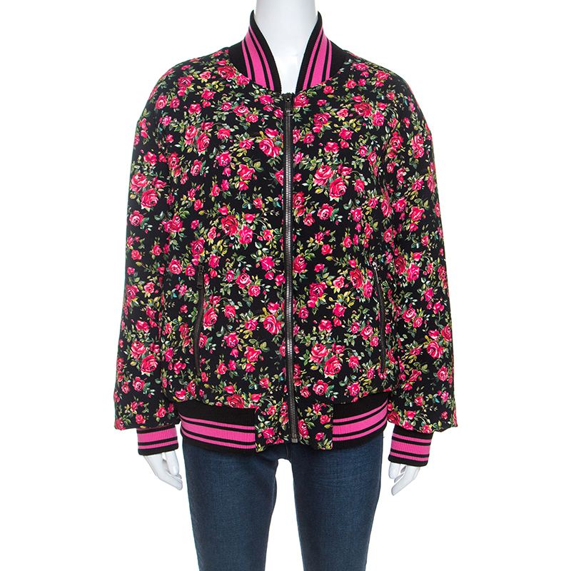 Pre Owned Dolce & Gabbana Pink Crepe Floral Print Oversized Bomber Jacket M