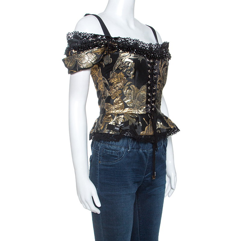 

Dolce & Gabbana Black and Gold Jacquard Off Shoulder Corset Top