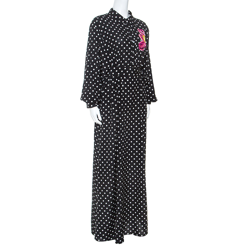 

Dolce and Gabbana Black Polka Dot Silk Applique Detail Maxi Dress