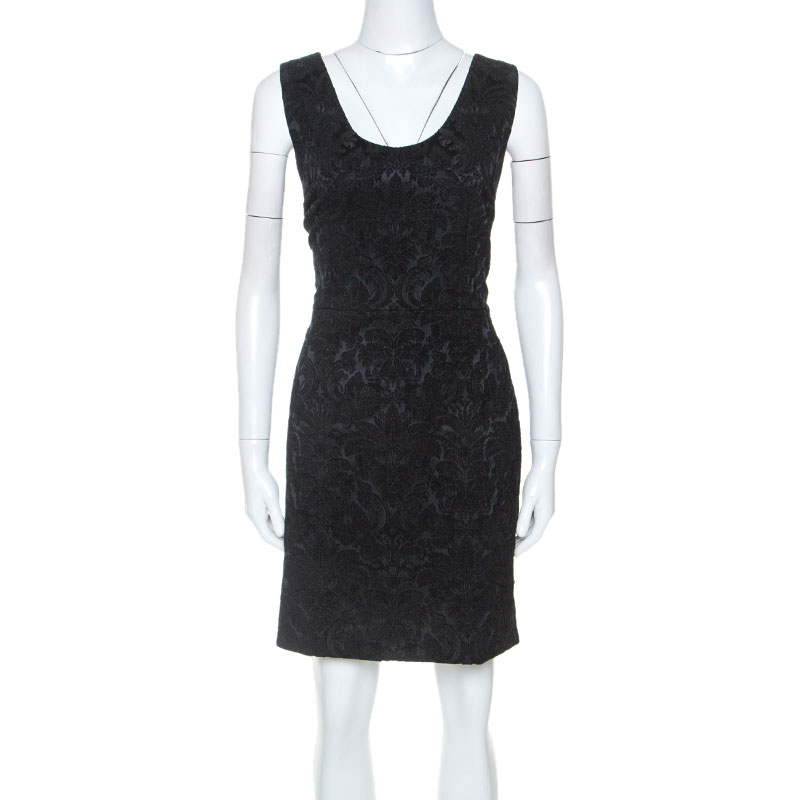 Pre Owned Dolce and Gabbana Black Stretch Satin Brocade Short Dress L