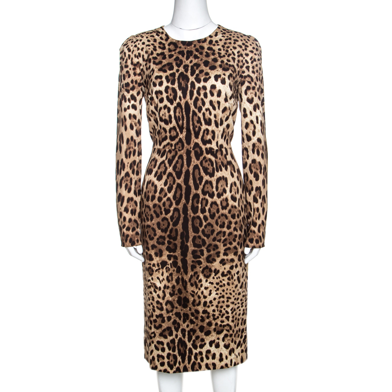 Pre-owned Dolce & Gabbana Brown Leopard Print Silk Sheath Dress M