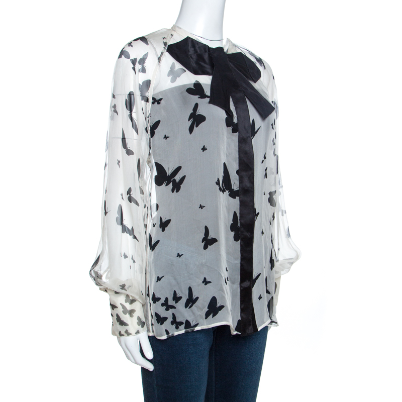 

D&G Bicolor Butterfly Print Sheer Silk Bow Detail Blouse, White