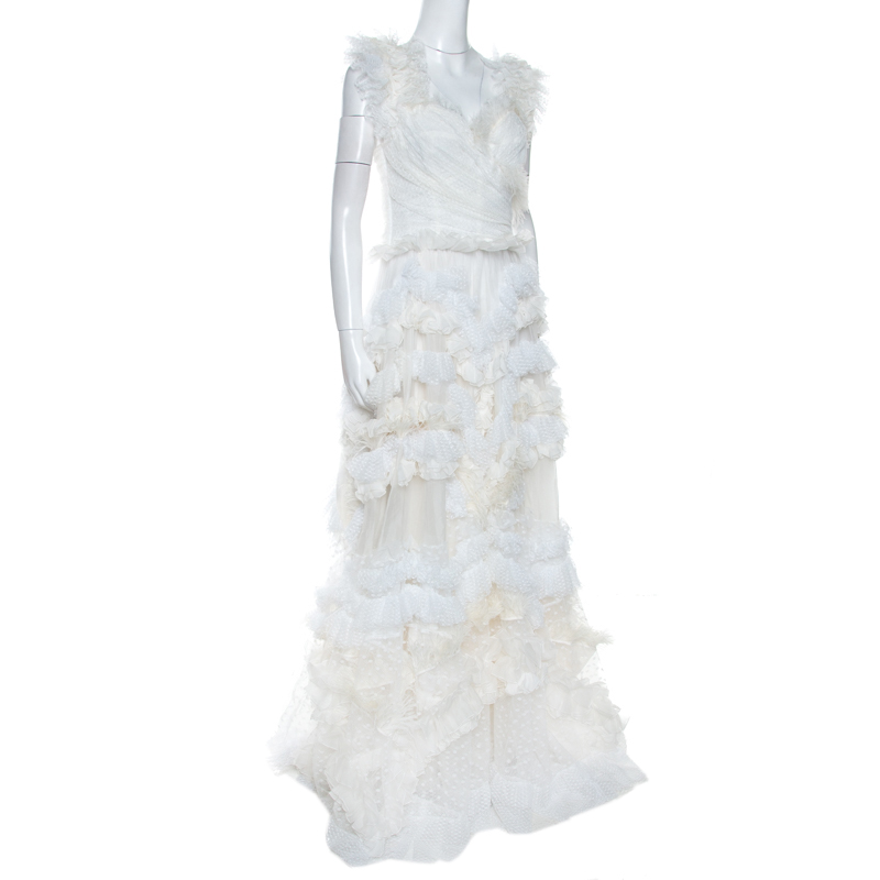 

Dolce & Gabbana Off White Silk Feather Trim Ruffle Detail Gown