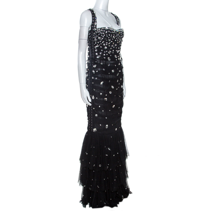 

Dolce & Gabbana Black Embellished Mesh Ruffle Detail Tiered Dress