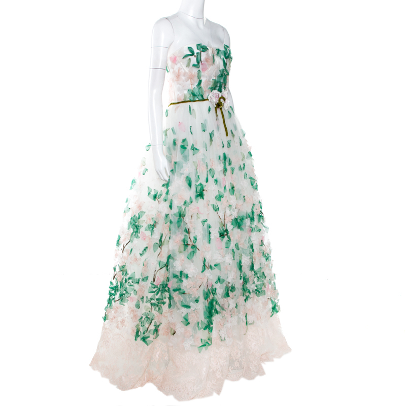 

Dolce & Gabbana White Floral Applique Tulle Strapless Gown