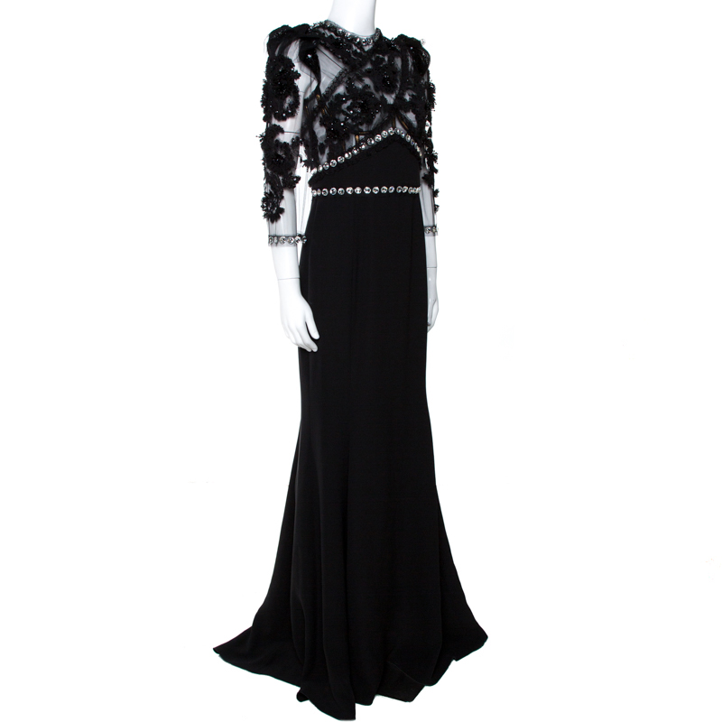 

Dolce & Gabbana Black Crystal Embellished Sheer Tulle Paneled Gown