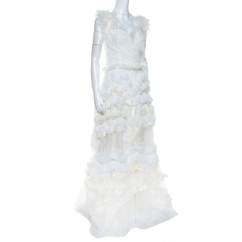 

Dolce & Gabbana Off White Silk Feather Trim Ruffle Detail Gown
