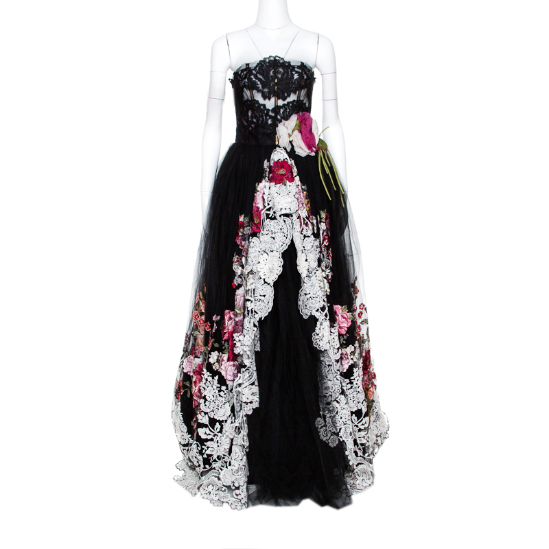 Pre-owned Dolce & Gabbana Black Floral Lace Overlay Strapless Ball Gown M
