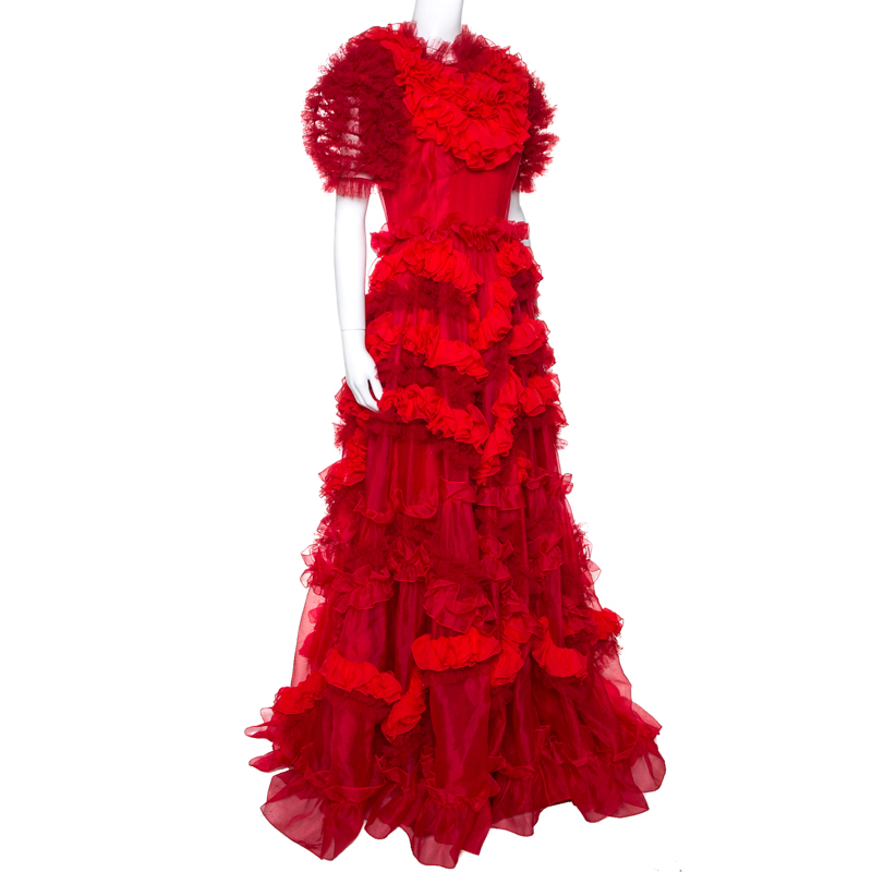 

Dolce & Gabbana Red Silk Organza Ruffle Detail Gown