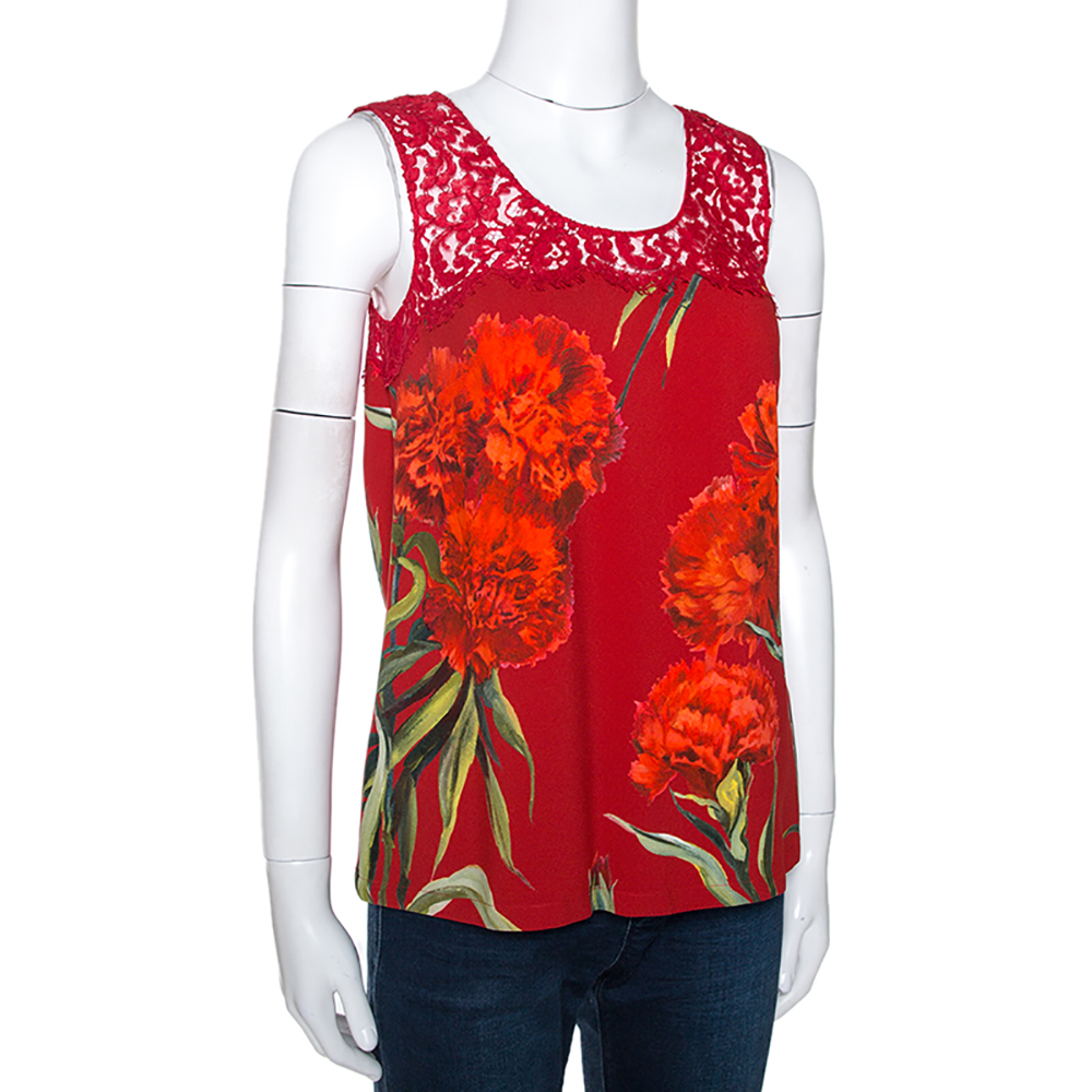 

Dolce & Gabbana Red Floral Printed Crepe & Lace Trim Sleeveless Top