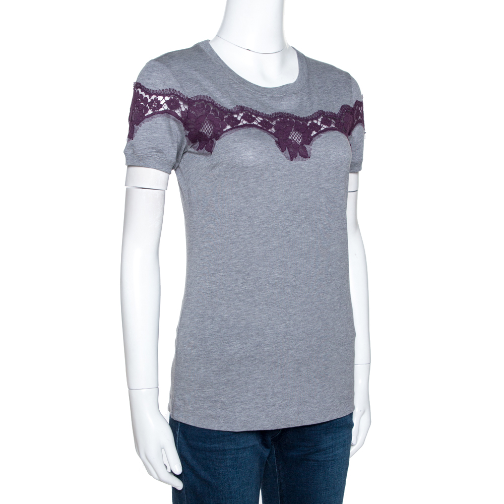 

Dolce & Gabbana Grey Cotton Lace Trim Detail T-Shirt