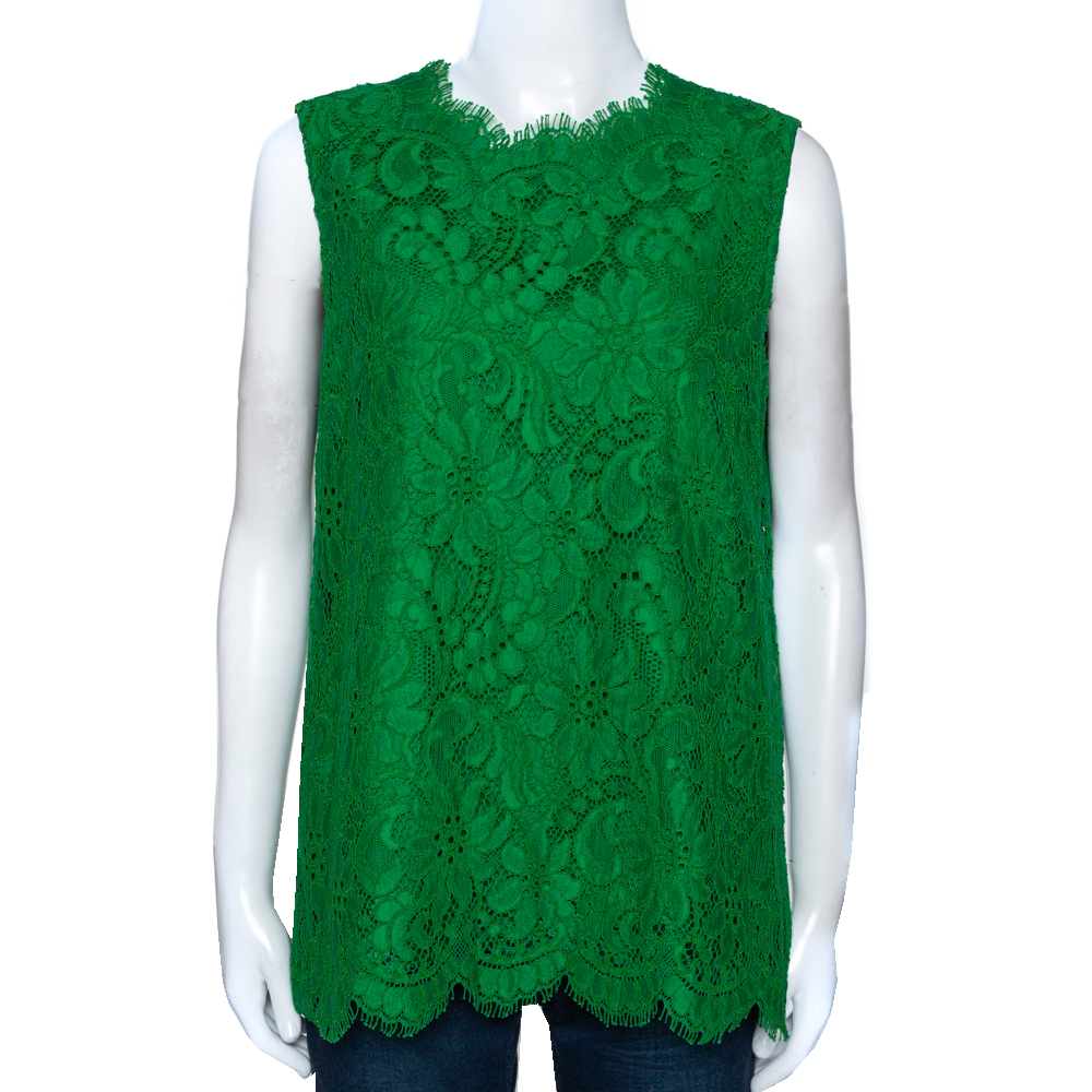 Pre Owned Dolce & Gabbana Green Cord Lace Scalloped Sleeveless Top L