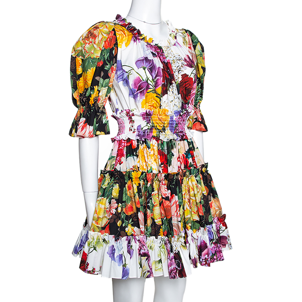 

Dolce & Gabbana Multicolor Floral Printed Cotton Puff Sleeve Dress