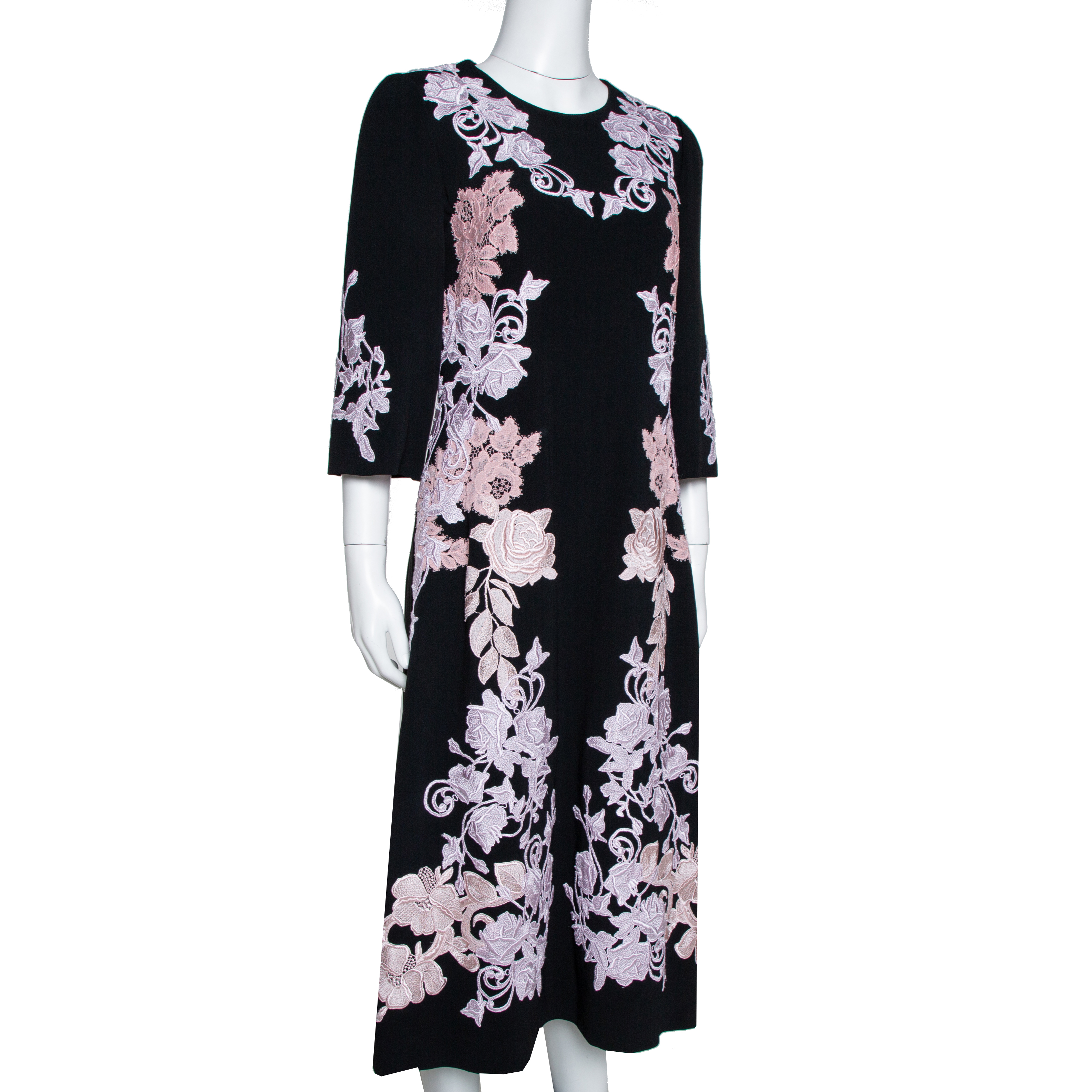 

Dolce & Gabbana Black Crepe Floral Lace Appliqued Midi Dress