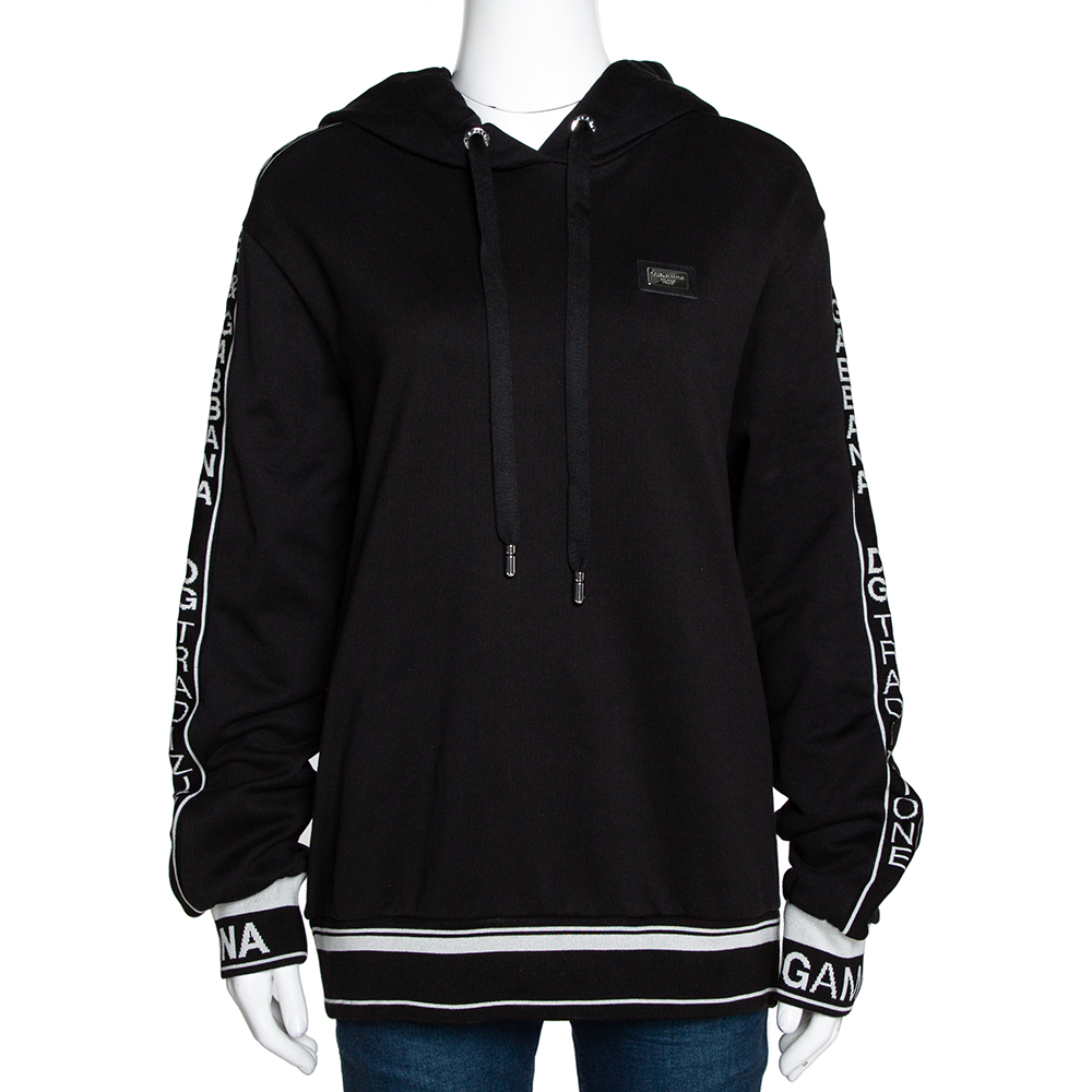 Pre Owned Dolce & Gabbana Black Cotton Logo Bands Hooded Sweatshirt IT 40