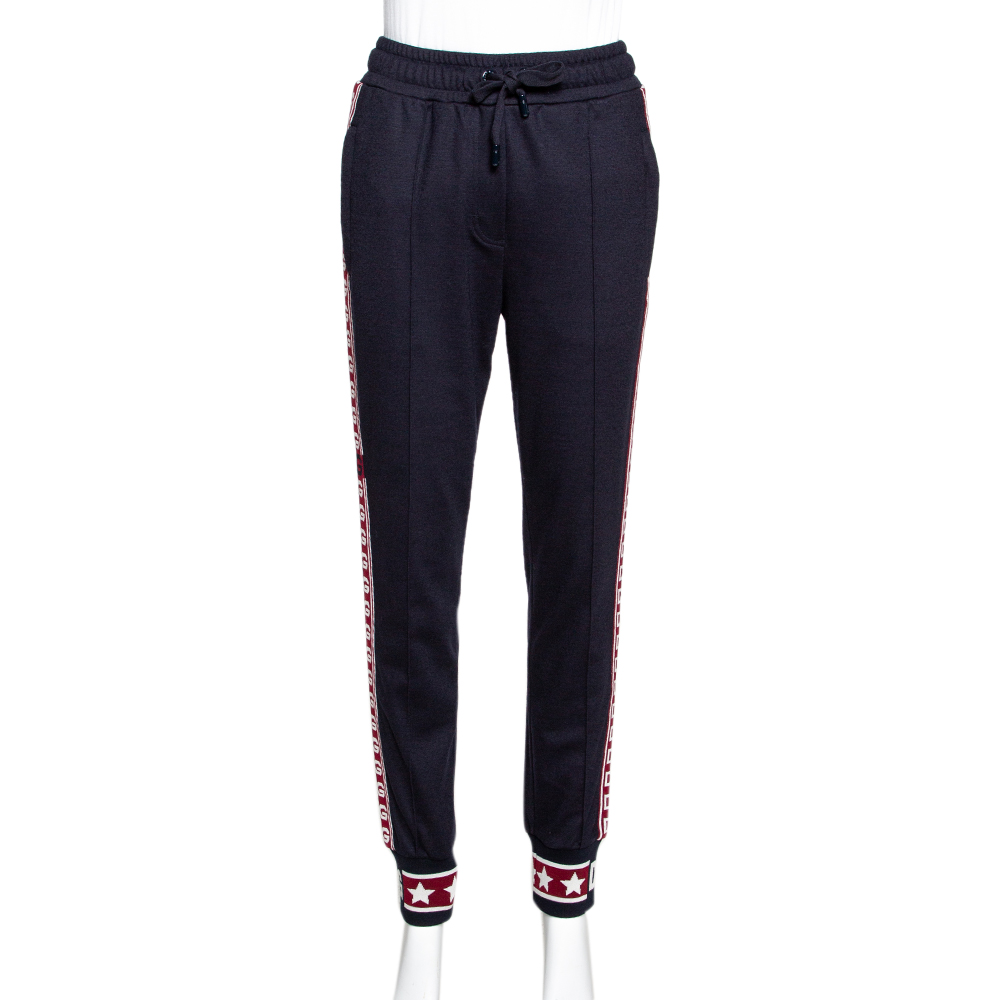 Pre Owned بنطلون رياضي دولتشي أند غابانا صوف أزر ق داكن بالشعار مقاس إيطالي 46