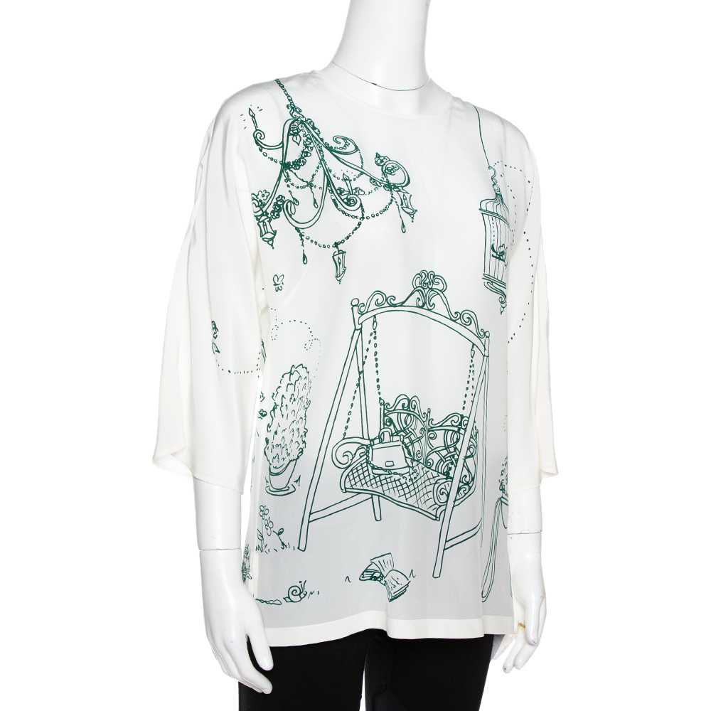 

Dolce & Gabbana White Bird Cage Print Silk Blouse