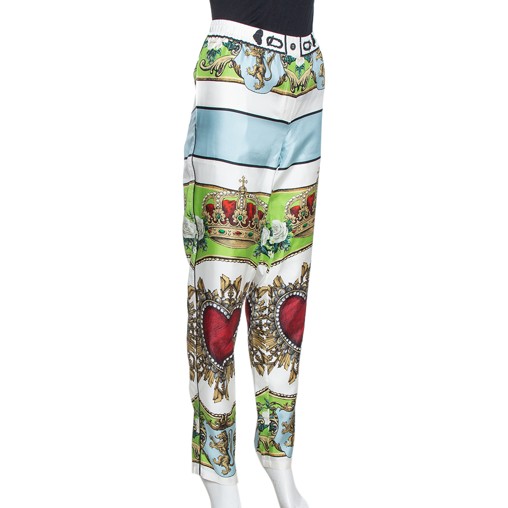 

Dolce & Gabbana White Sacred Heart Print Silk Tapered Trousers