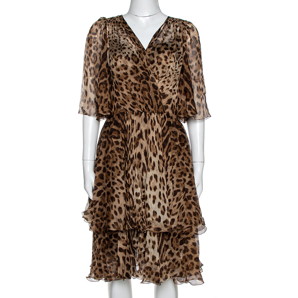 Dolce And Gabbana Brown Leopard Print Silk Chiffon Flared Dress M Dolce