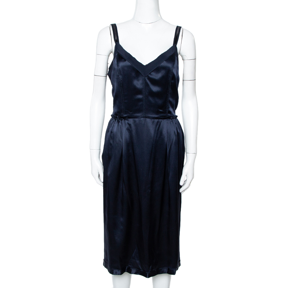 Pre Owned Dolce & Gabbana Navy Blue Silk Satin Sleeveless Dress L