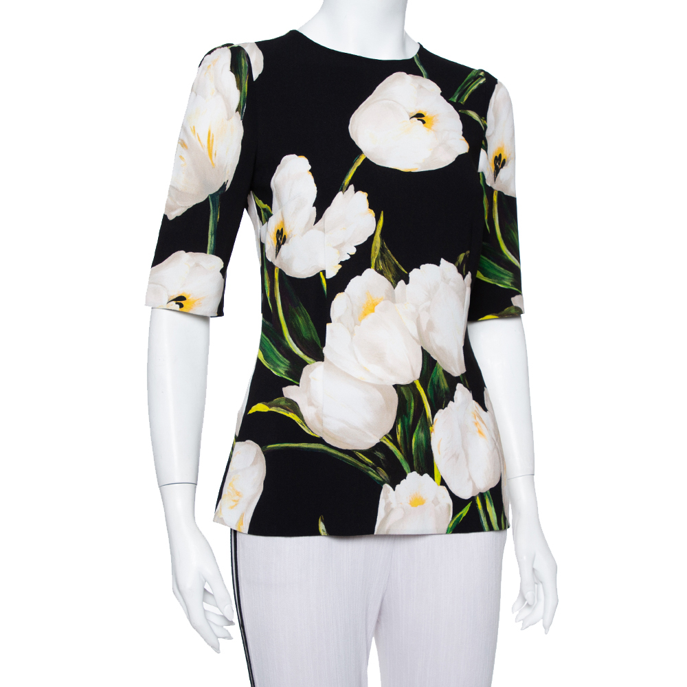 

Dolce & Gabbana Black Floral Printed Crepe Three Quarter Sleeve Top