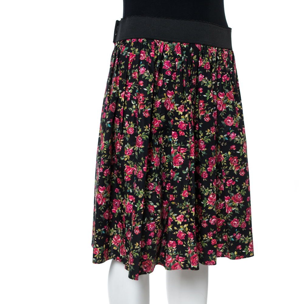 

Dolce & Gabbana Black Floral Printed Cotton Flared Skirt