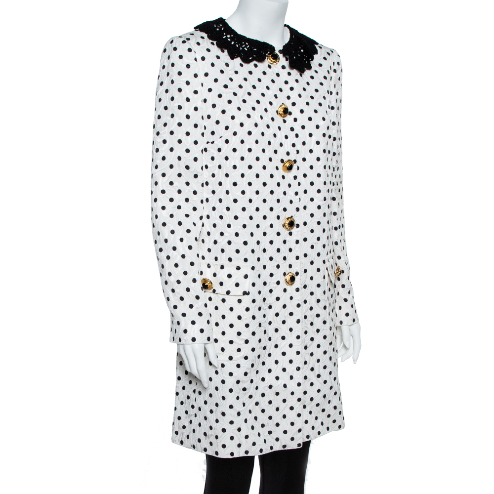 

Dolce & Gabbana White/Black Lace Collar Polka Dot Printed Jacquard Coat