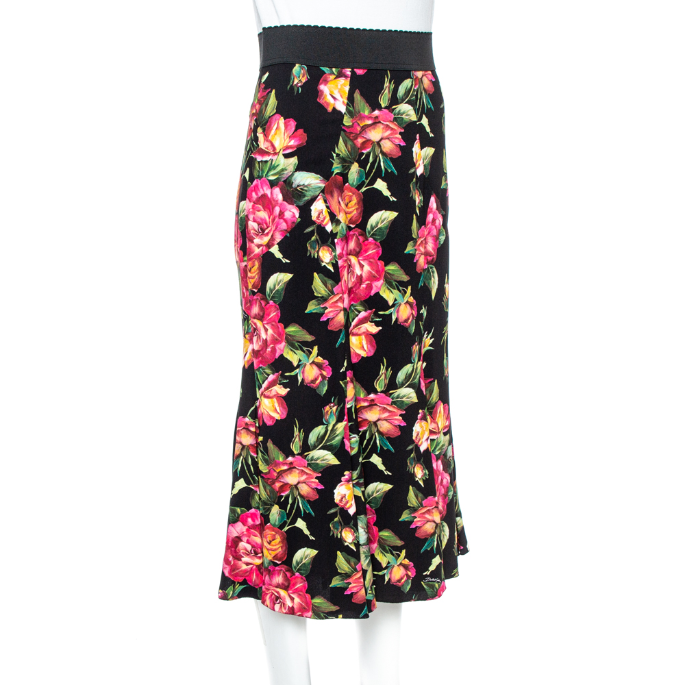 

Dolce & Gabbana Black Floral Printed Cotton Flared Skirt