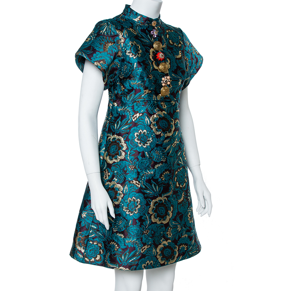 

Dolce & Gabbana Metallic Green Jacquard Embellished Midi Dress