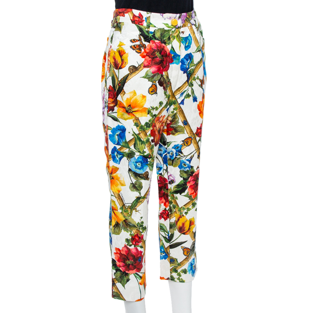 

Dolce & Gabbana Floral Print Cotton Jacquard Cropped Pants, White