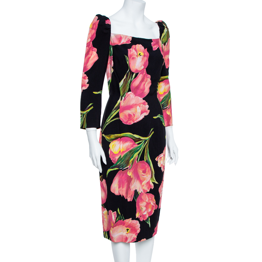 

Dolce & Gabbana Black/Pink Nylon Blend Tulip Print Fitted Dress