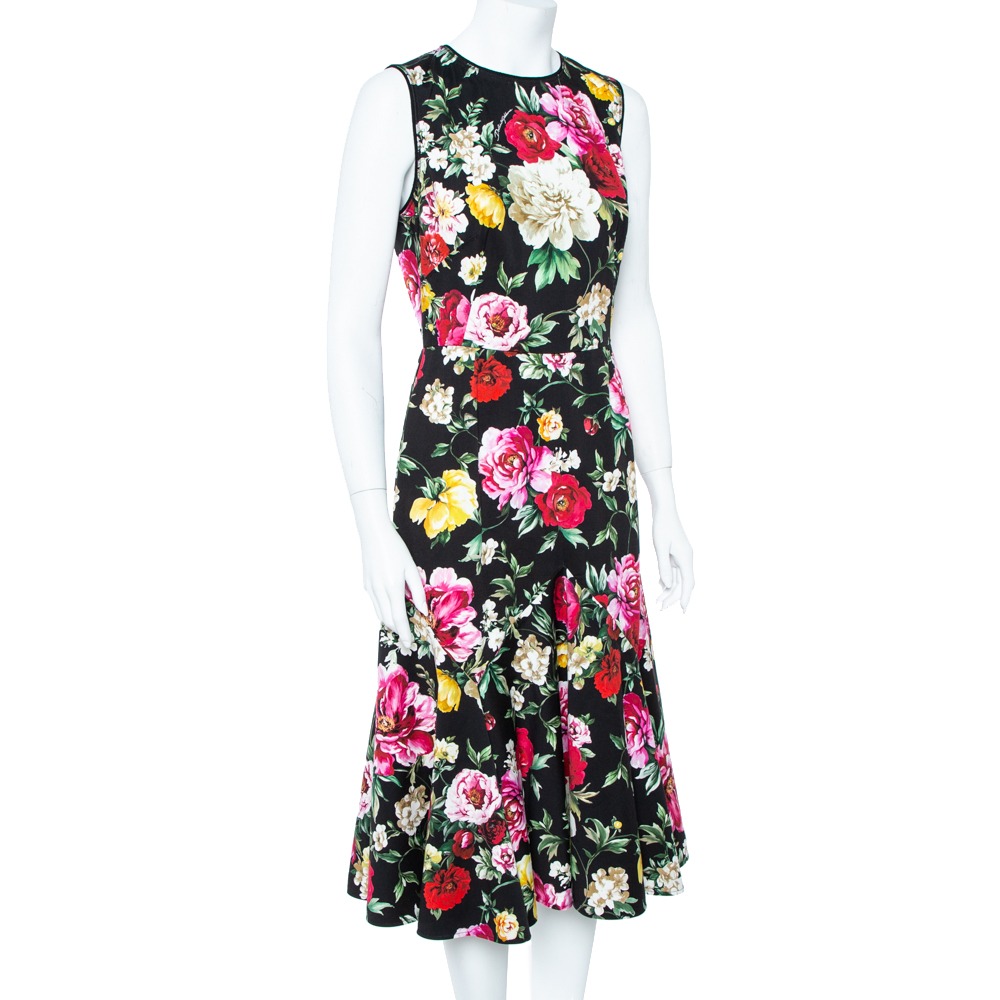 

Dolce & Gabbana Black Stretch Cotton Floral Print Flared Dress