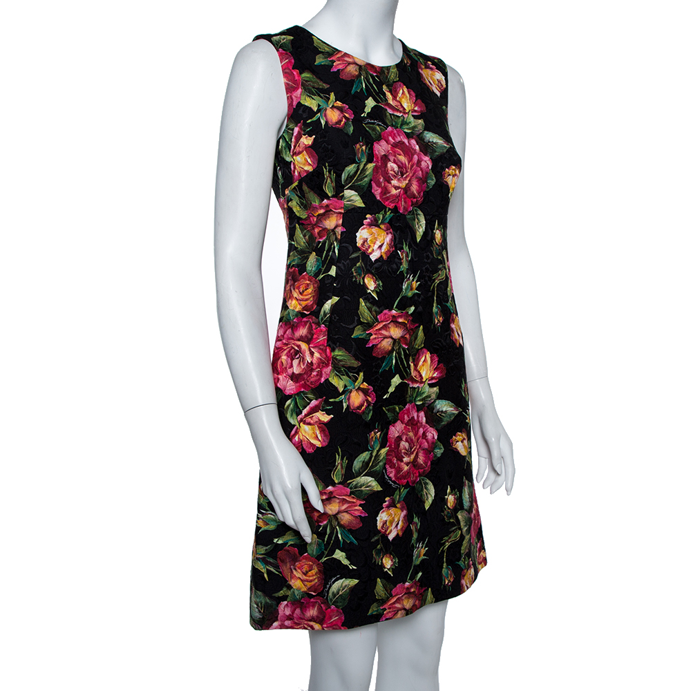 

Dolce & Gabbana Black Floral Printed Jacquard Sleeveless Sheath Dress