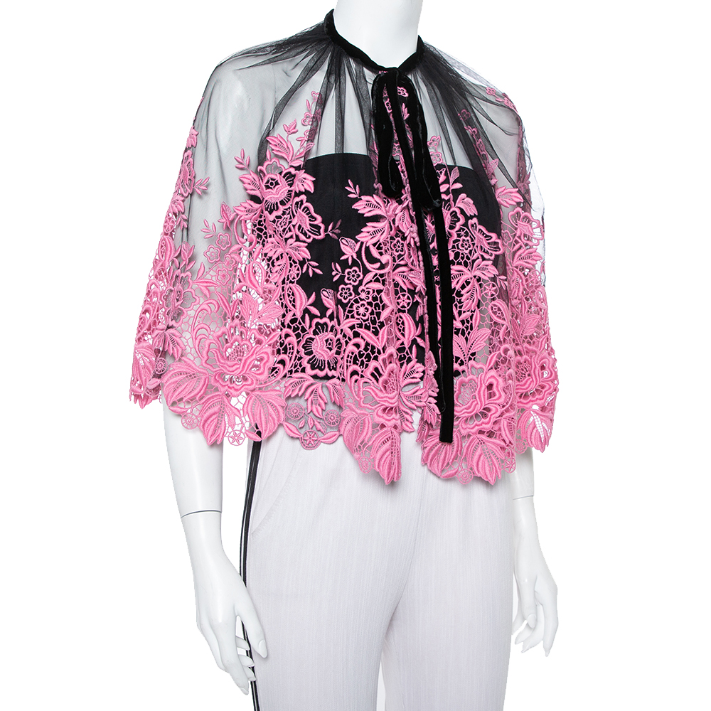 

Dolce & Gabbana Black & Pink Guipure Lace Sheer Cape
