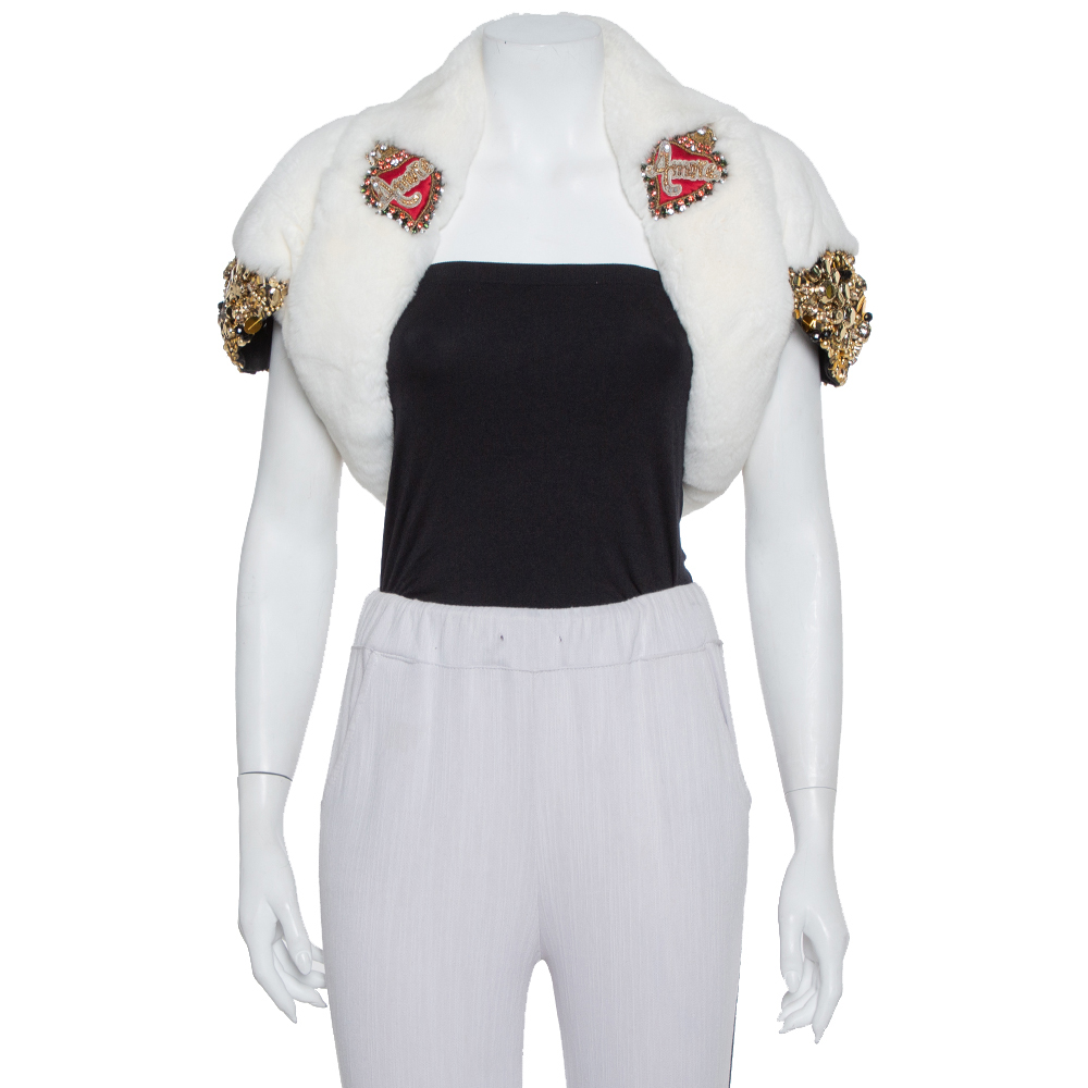 

Dolce & Gabbana White Fur Stone & Sequin Embellished Open Front Crop Jacket S