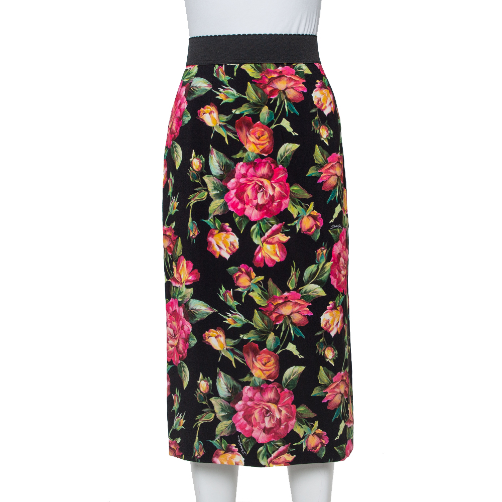 Pre-owned Dolce & Gabbana Black Crepe Floral Printed Pencil Skirt M