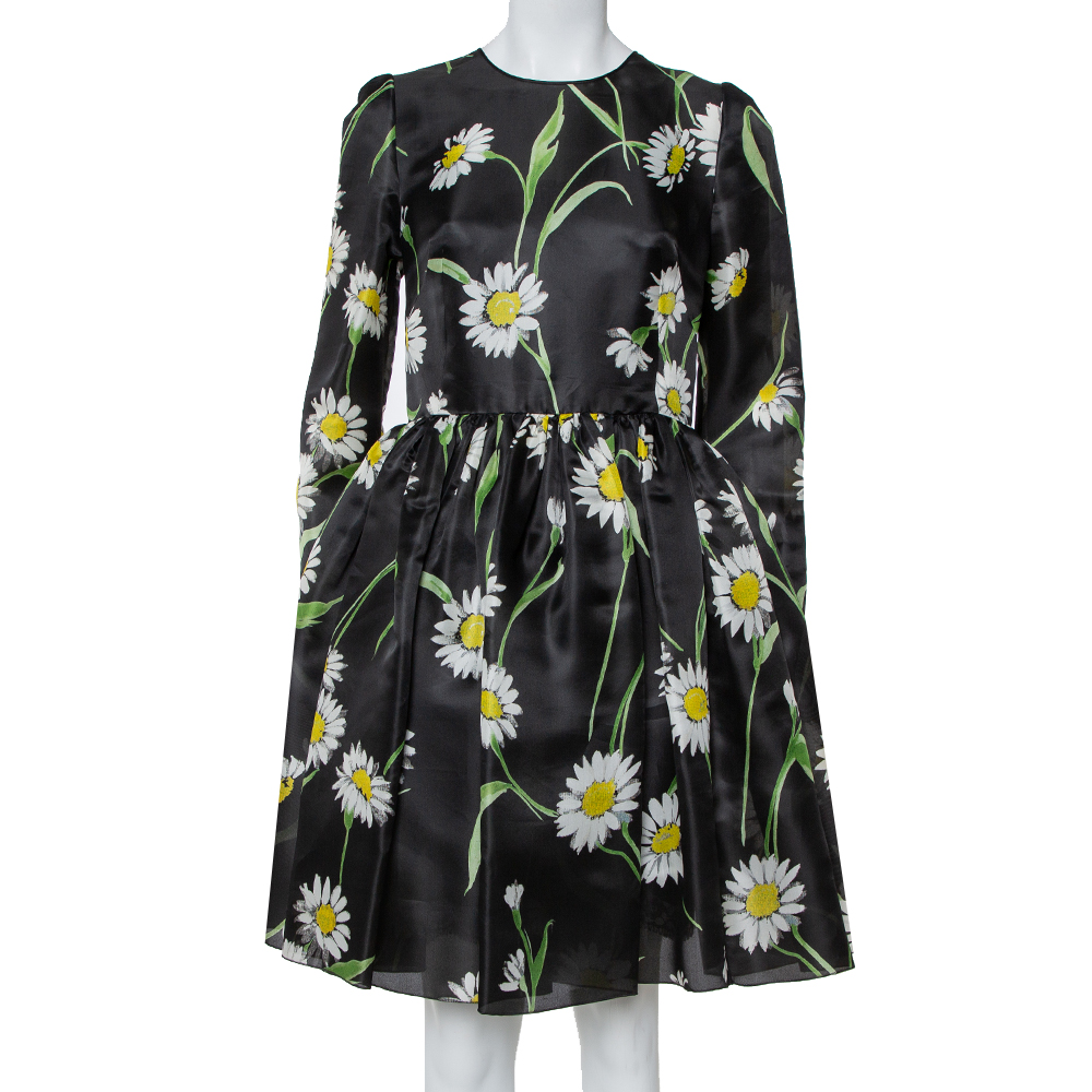 Pre-owned Dolce & Gabbana Black Sunflower Printed Silk Flared Dress M