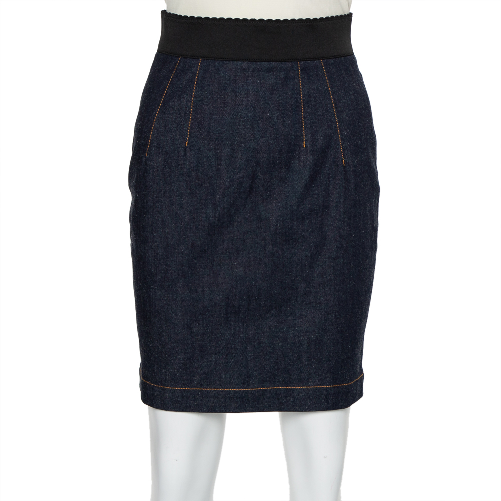 Pre-owned Dolce & Gabbana Navy Blue Denim Elastic Waist Band Detail Mini Skirt S