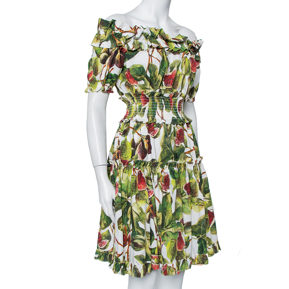 

Dolce & Gabbana Green Fig Printed Cotton Off Shoulder Tiered Mini Dress