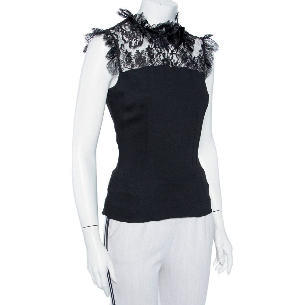 

D&G Black Lace & Crepe Paneled Bow Detail Sleeveless Top