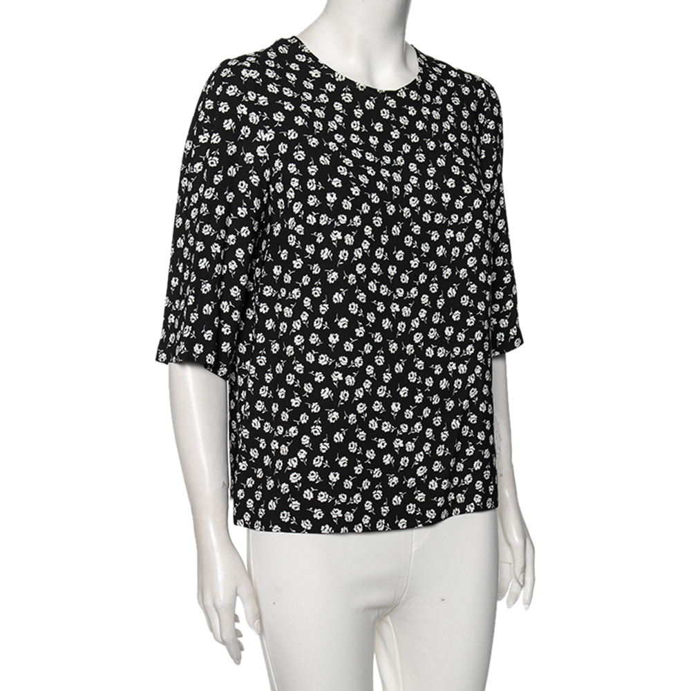 

Dolce & Gabbana Flower Motif Printed Crepe Boxy Blouse, Black