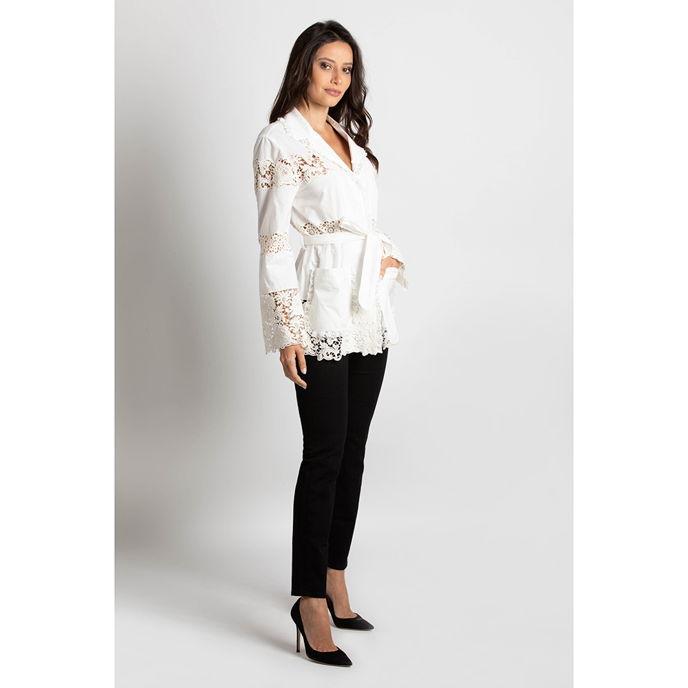 

Dolce & Gabbana White Floral Embroidered Belted Shirt  (40